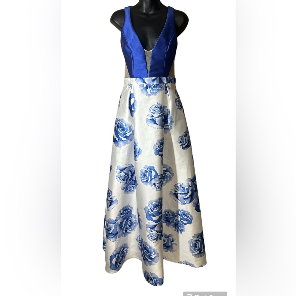 Soieblu Sleevless Princess Blue+White Floral  Evening Gown Prom Maxi Dress S
